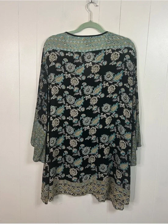 Angie Boho Floral Tunic Top V-Neck Bell Sleeve Black Blue Size Large Bohemian - Picture 3 of 10